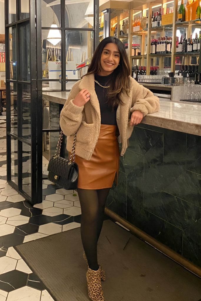 Teddy Coat with Mini Skirt and Tights