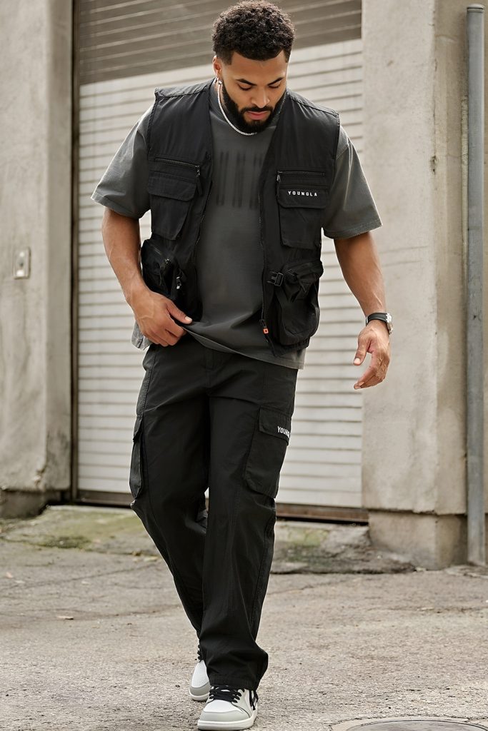 Utility inspired appearance with trousers and jacket