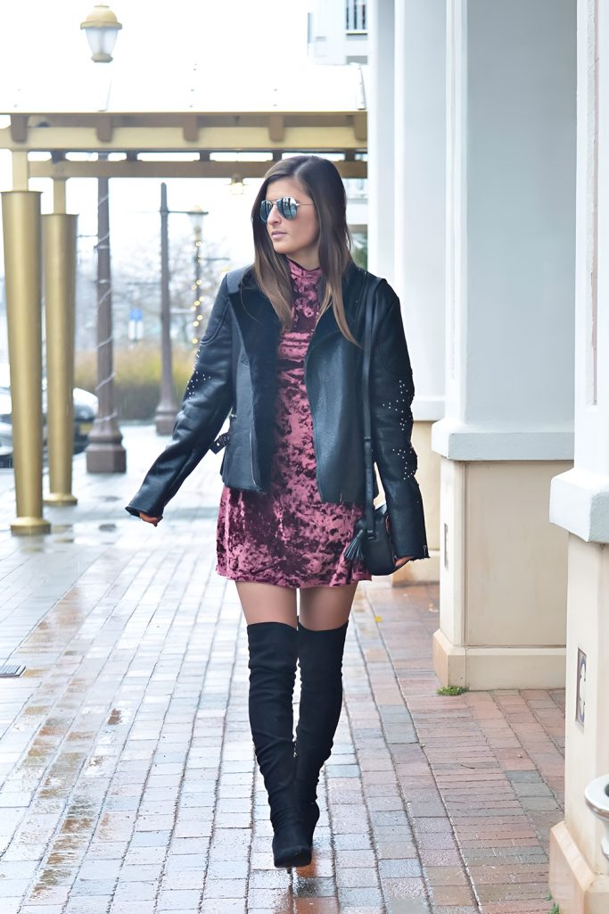 Velvet Dress with Moto Jacket and Ankle Boots