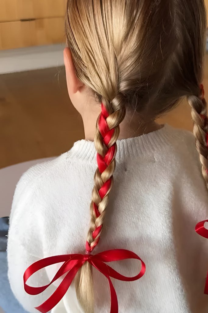 Wrapping Pigtails with Ribbons for a Playful Holiday Look