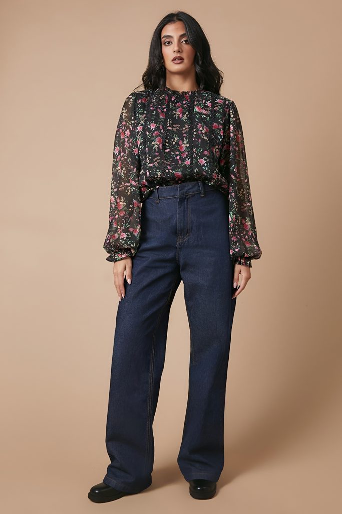 Dark Denim with a Flowy Floral Blouse