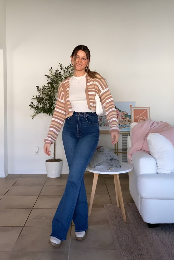 Flare jeans, crop, dnd paired with a lightweight cardigan
