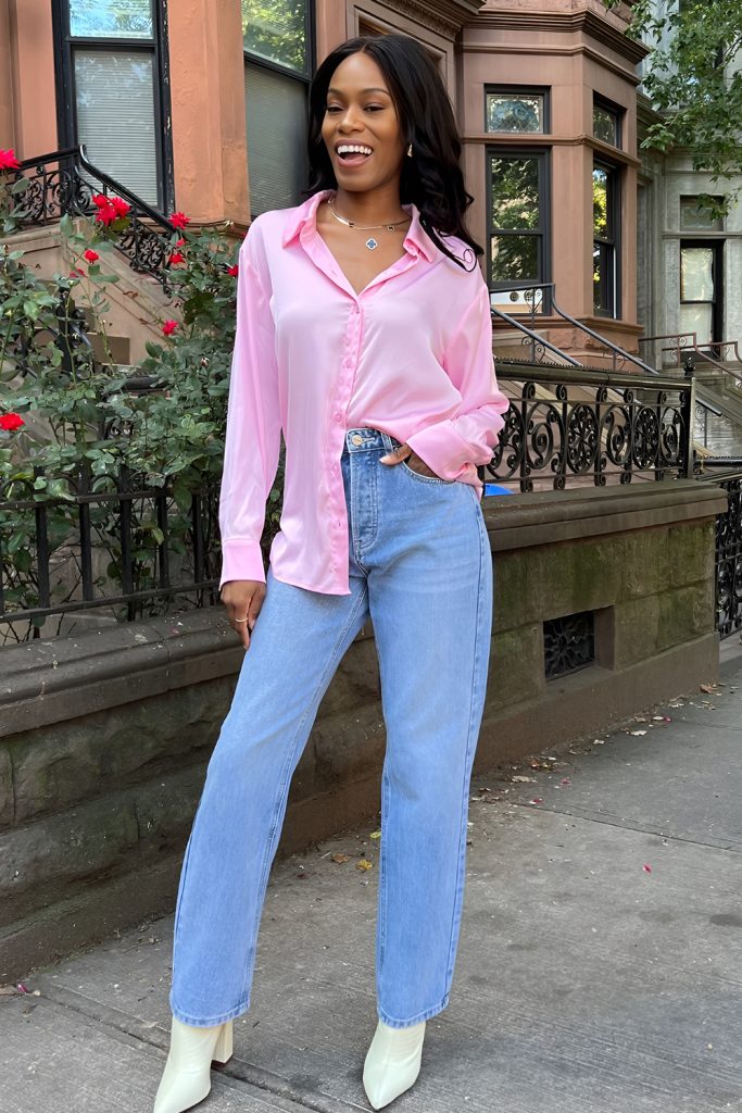 High Rise Straight Jeans and a Pastel Button Up