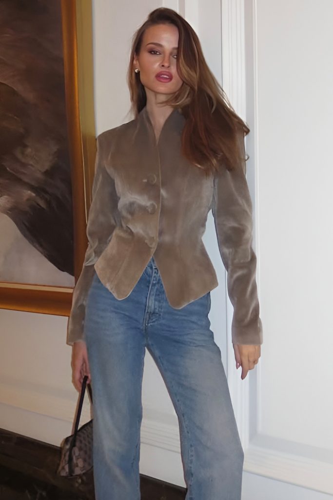 Relaxed Glamour with a Velvet Blazer and Dark Denim
