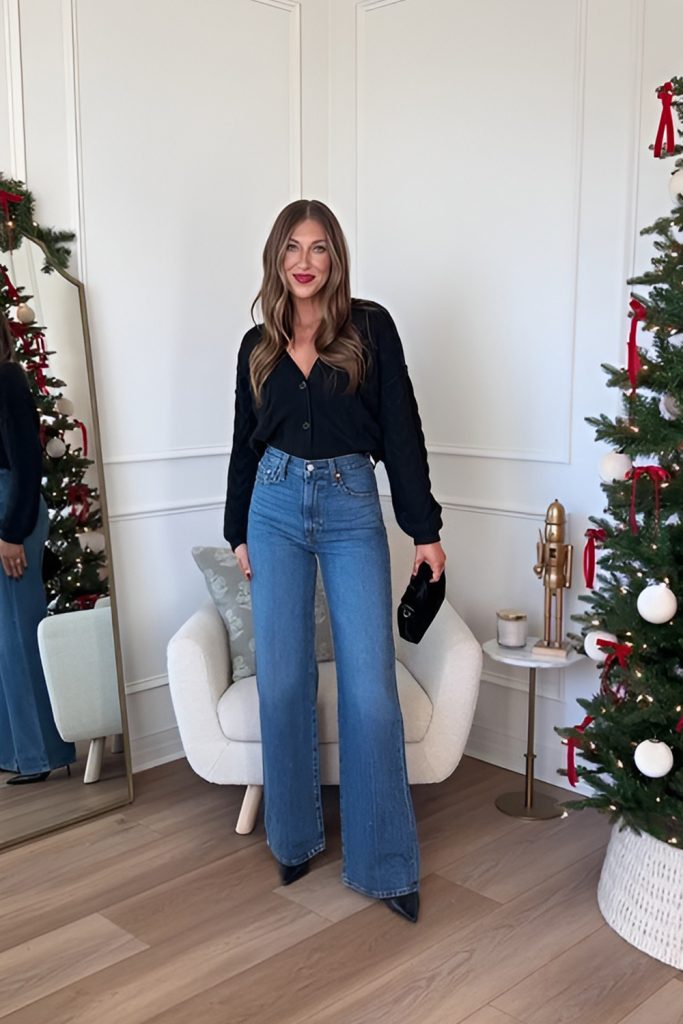 Wide Leg Jeans with a Fitted Ribbed Top