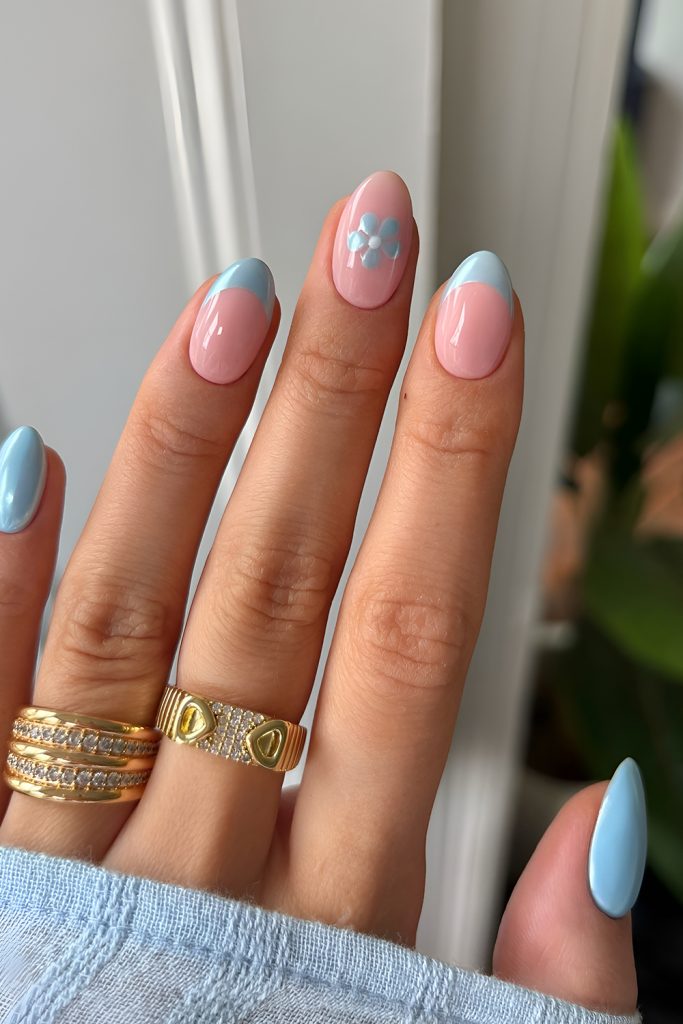 Baby Blue Chrome Nails w Delicate Petal Accents