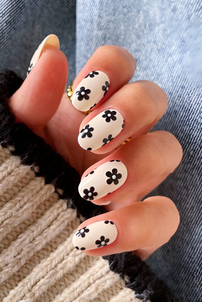 Black and White Mini Floral Nails for Contrast