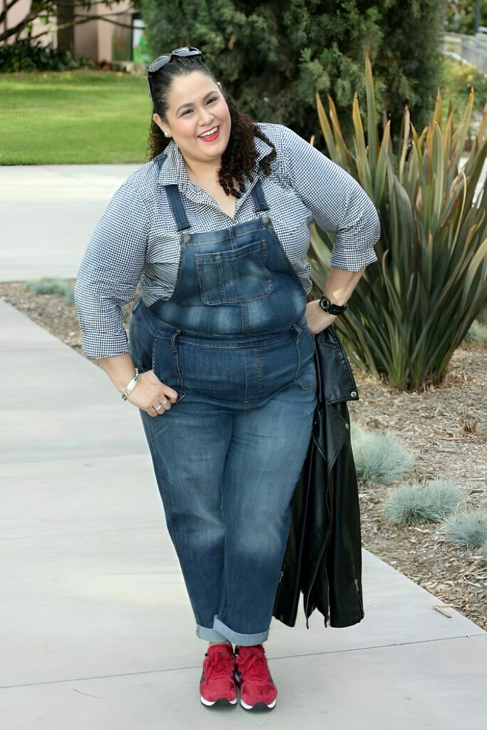 Casual Denim Overalls with a Striped Knit Top