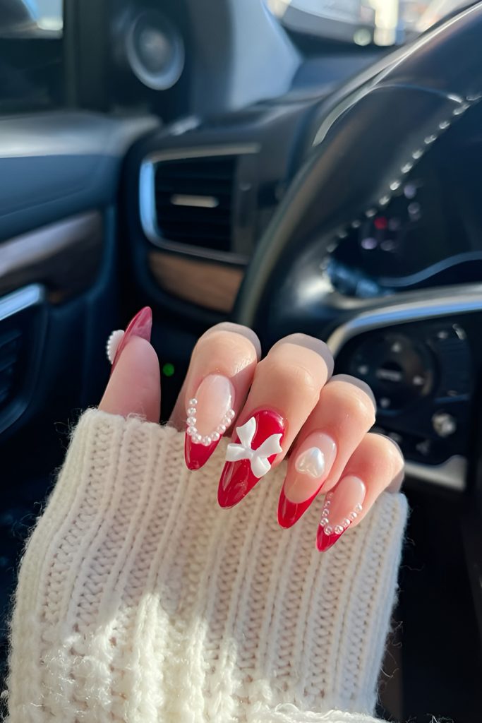 Coquette Valentine Nails with Ribbons and Pearls