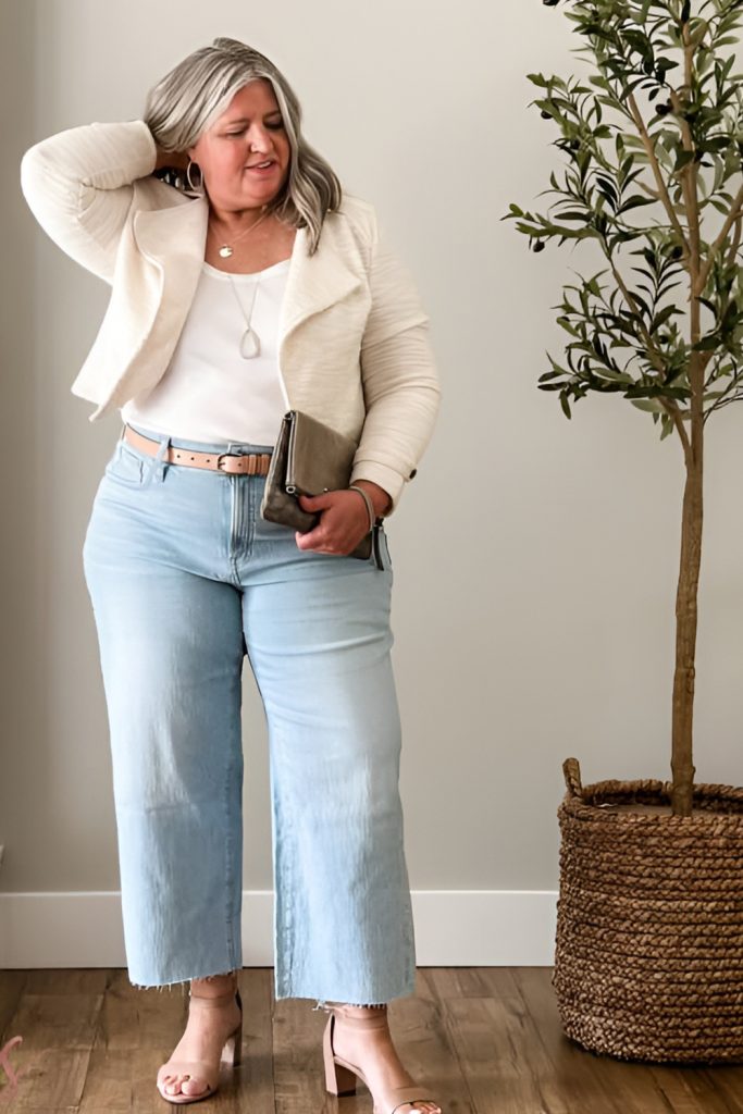 Cropped Wide Leg Jeans with a Pastel Blouse