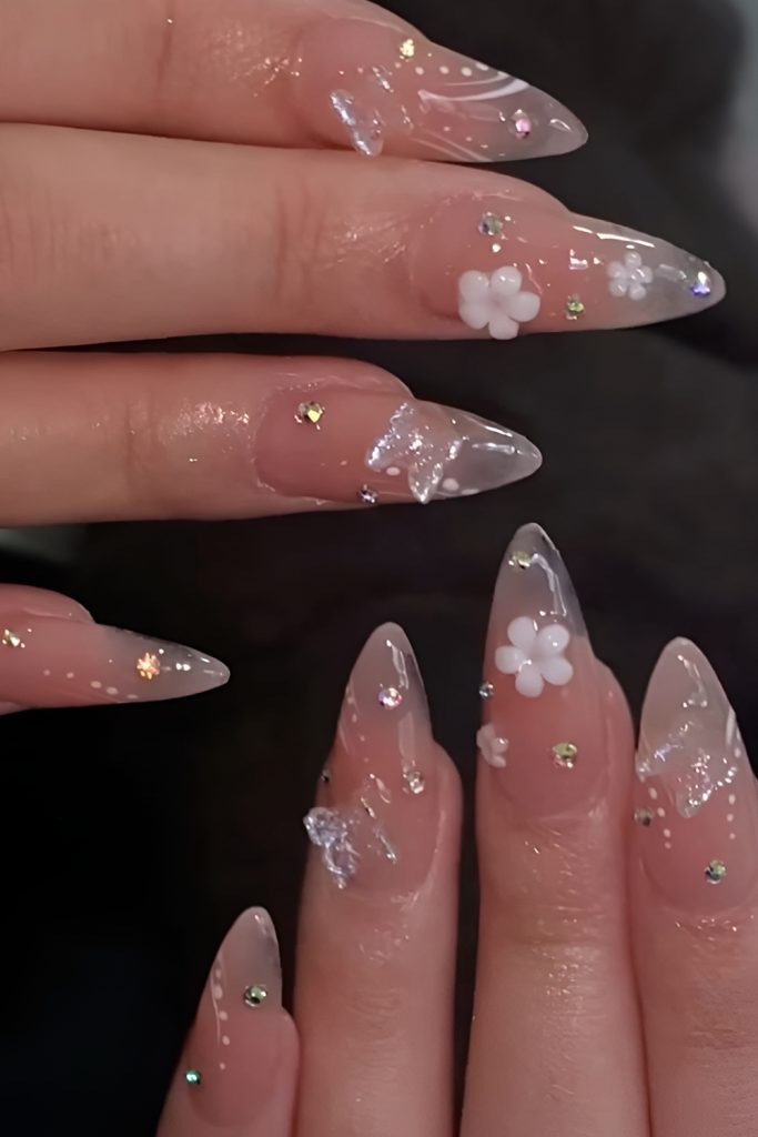 Crystal Clear Nails with Floating Blossom Details