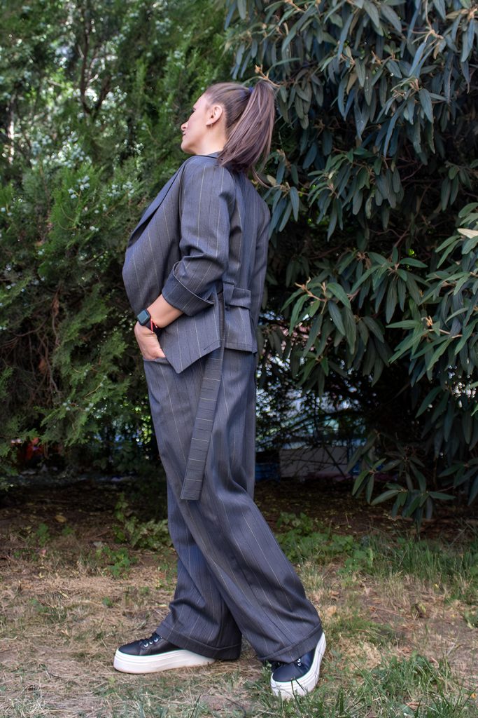 Customized High Collar Jacket with Wide Leg Trousers