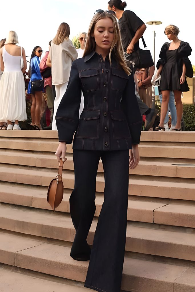 Denim High Collar Jacket with Matching Jeans