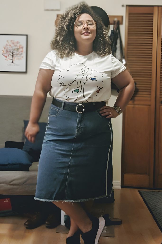 Denim Midi Skirt with a Puff Sleeve Blouse