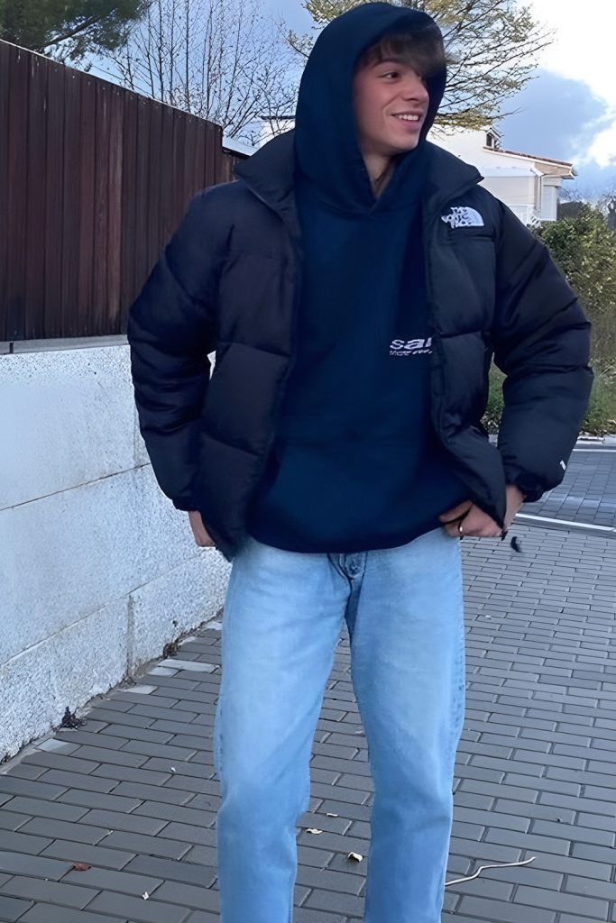 Down Jacket With Beanie and Straight Denim