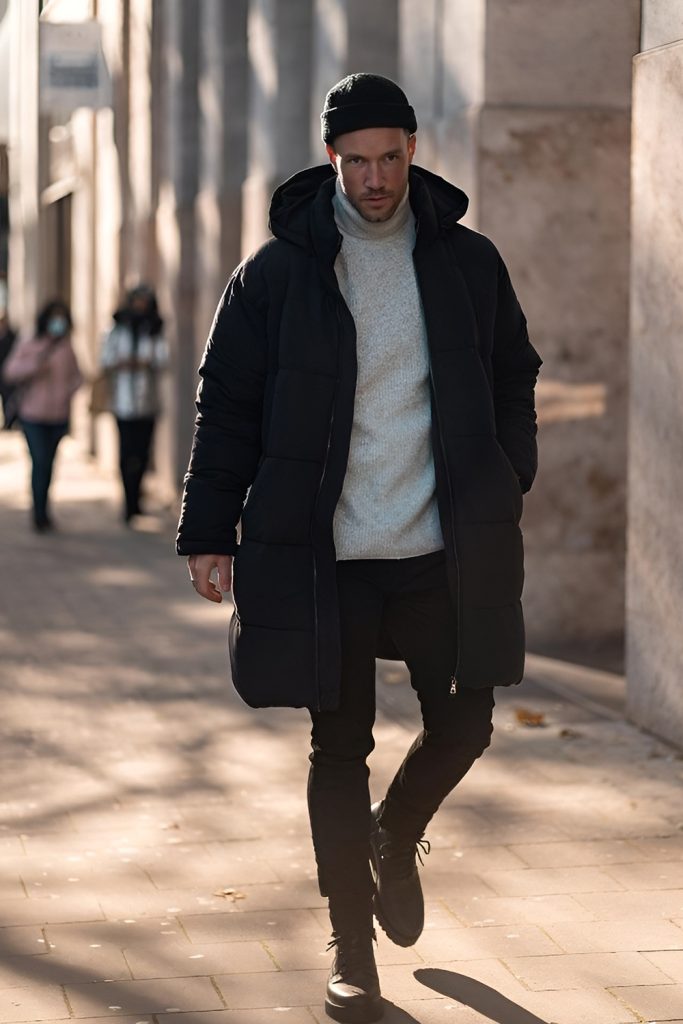 Down Parka Over a Lightweight Knit Hoodie