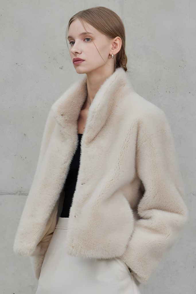 High Collar Faux Fur Jacket with Minimal Pieces