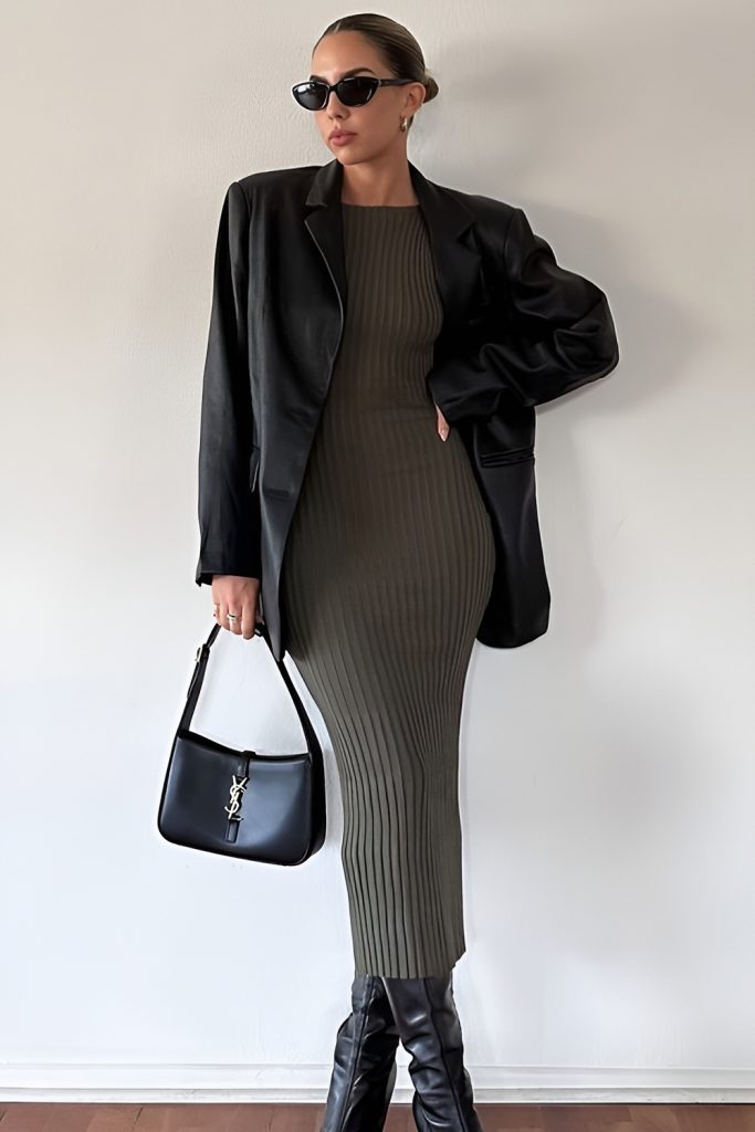High Collar Jacket with Midi Dress & Boots