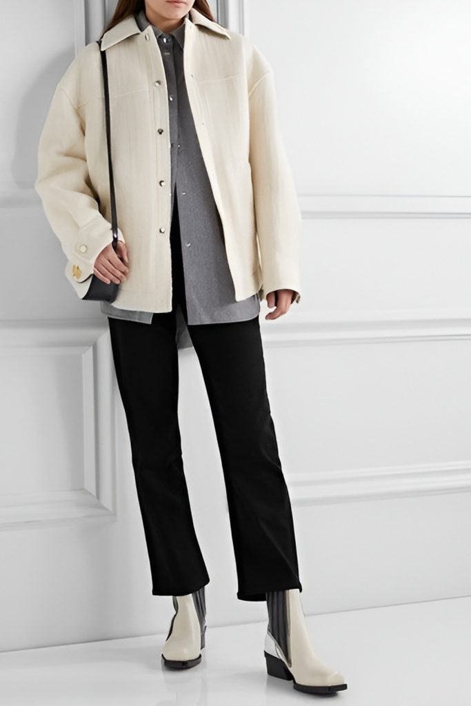 High Collar Jacket with Straight Leg Jeans and Ankle Boots