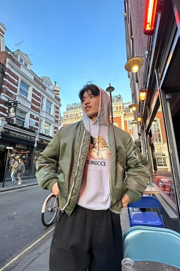 Hoodie Under a Bomber Jacket With Knit Beanie