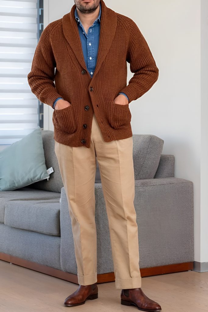 Knit Cardigan with Oxford Shirt and Chinos