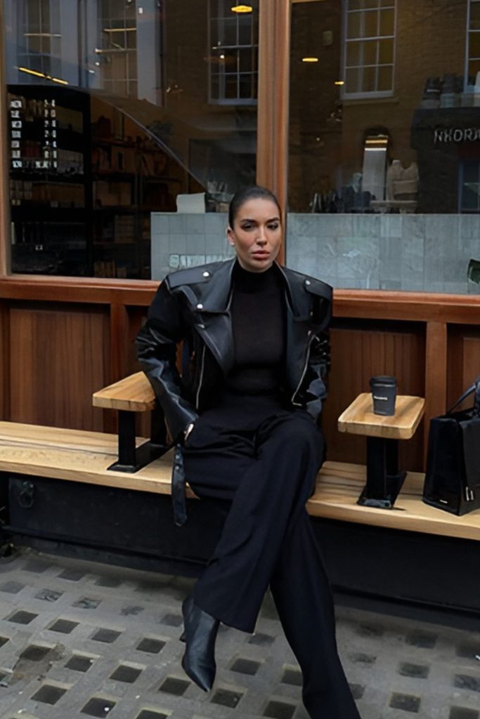 Leather High Collar Jacket and All Black Attire