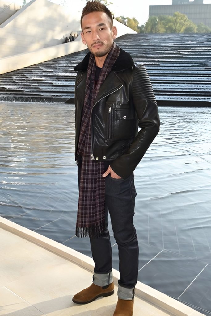 Leather Jacket With Wool Scarf and Black Jeans