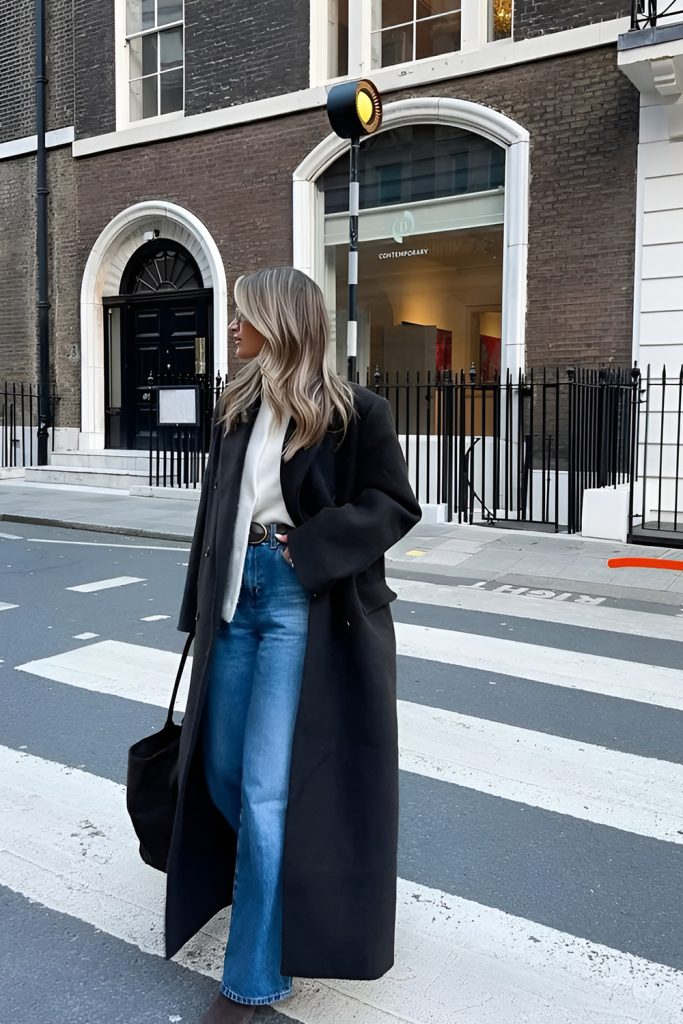 Long High Collar Coat with Slim Jeans
