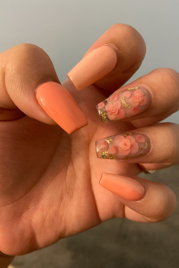 Matte Peach Nail Polish and Glossy Flower Painting