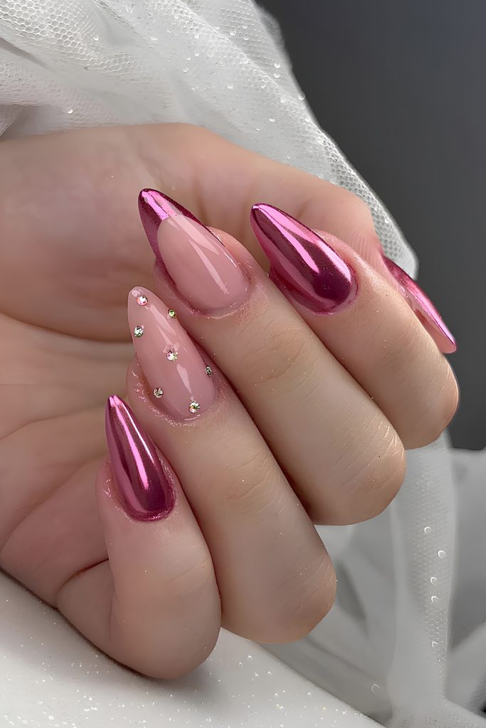 Metallic Pink Valentine Nails for a Futuristic Look