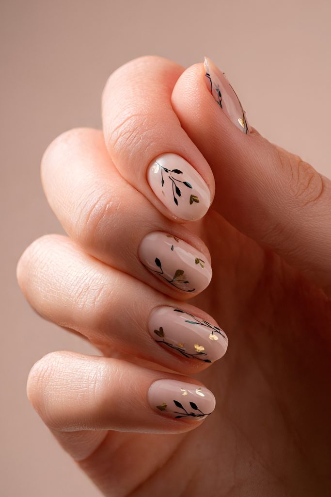 Minimal Nude Nails with Delicate Leaf Motifs