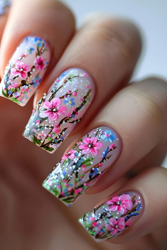 Mosaic Spring Garden Nail Tutorial with Beautiful Accents