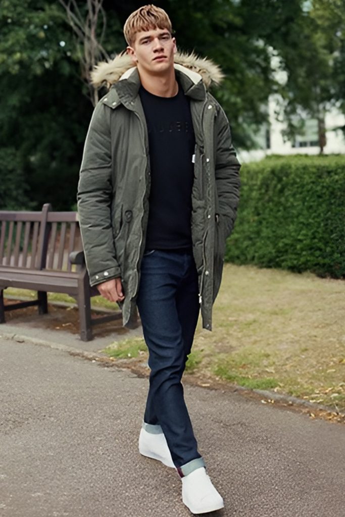 Parka Jacket with Henley and Straight Leg Jeans
