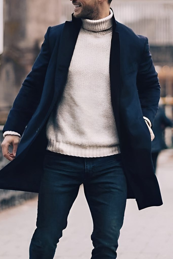 Peacoat With Knit Sweater and Dark Denim