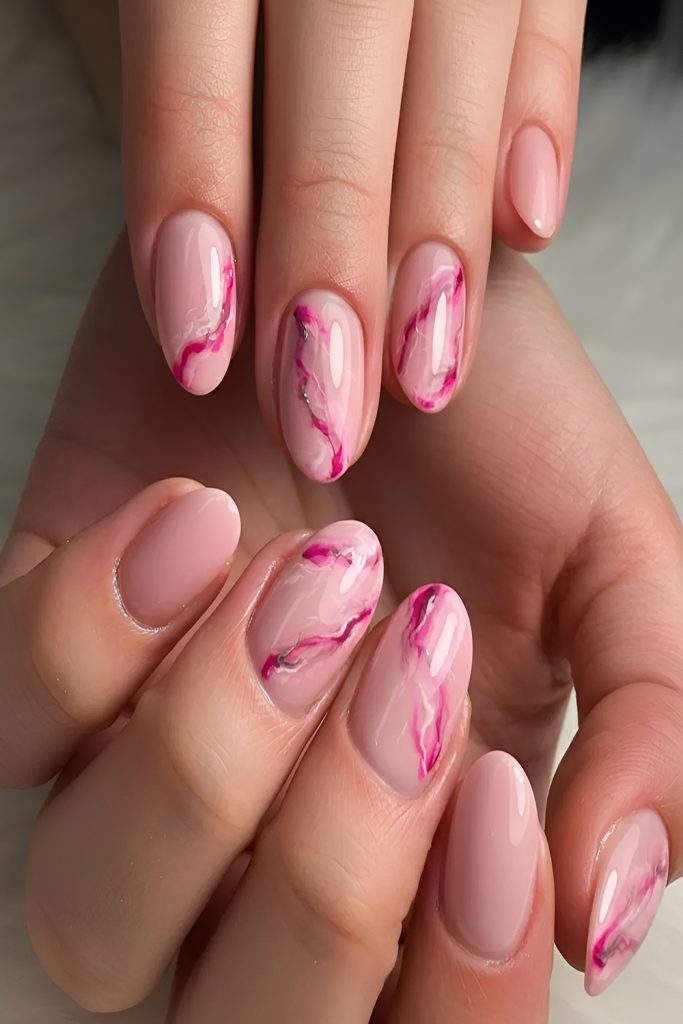 Pink Marble Valentine Nails with a Soft Glam Touch