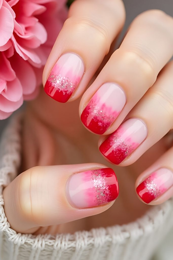 Pink and Red Ombré Nails Perfectly Blending