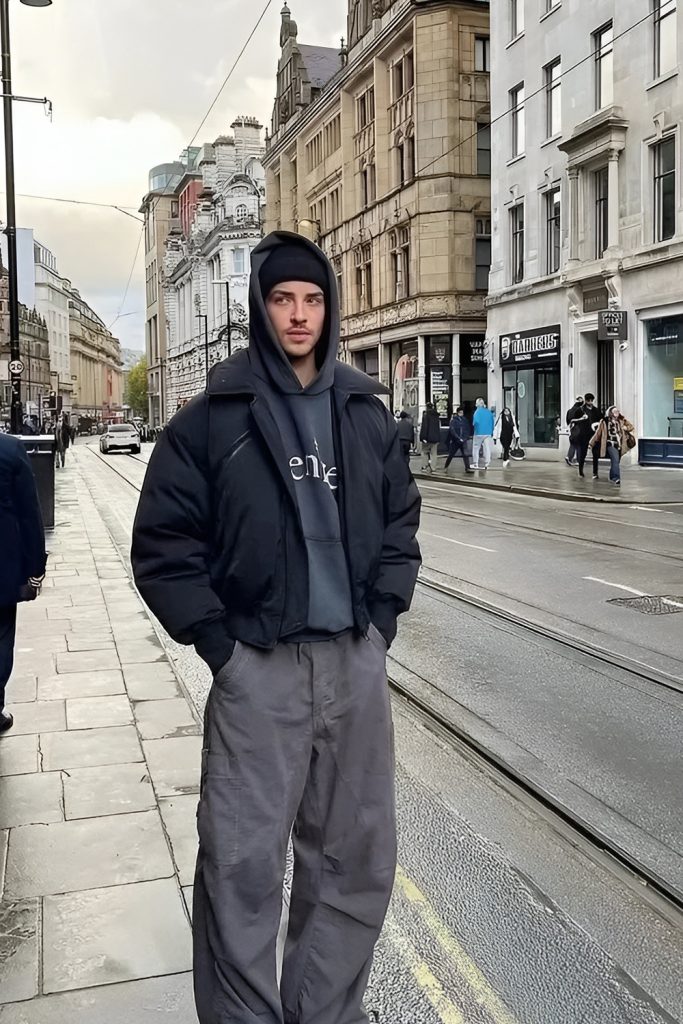 Puffer Jacket With Hoodie and Cargo Pants