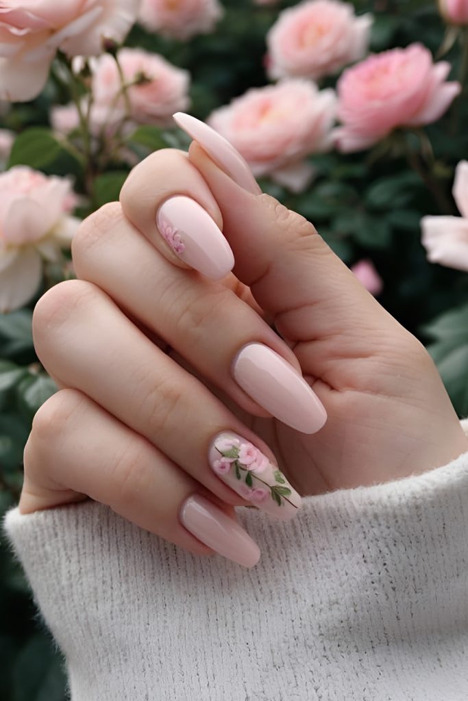 Pure Pink Nails with Floral Accents