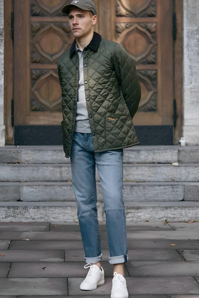 Quilted coat and boots with a heavy knit sweater