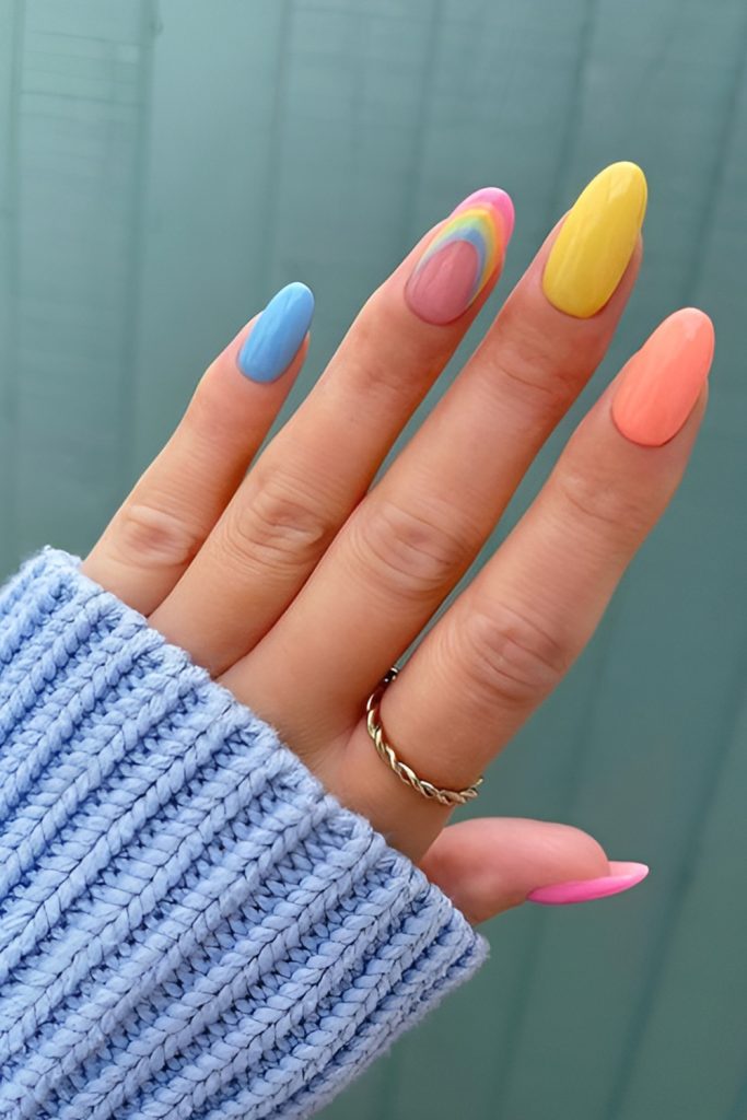 Rainbow Colours on Pastel Nails with Glossy Touches
