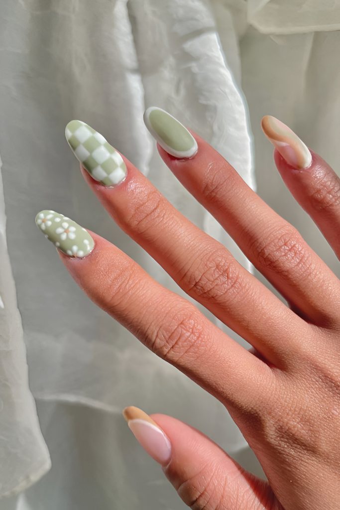 Sage Green Nails with Checkerboard and Floral Fusion