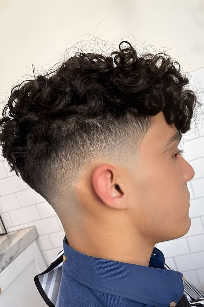 Sharp Fade Supporting Curl Clusters on Top