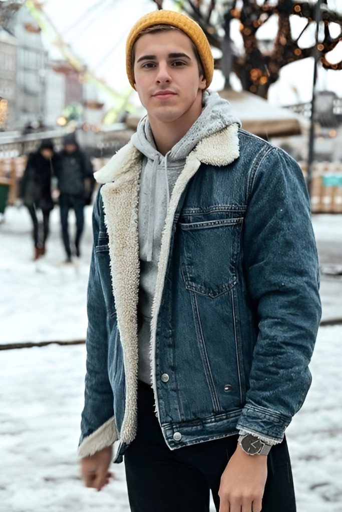 Sherpa Lined Denim Jacket With Hoodie
