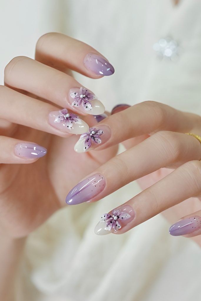 Soft Lilac Nail Embellished with 3D Flowers
