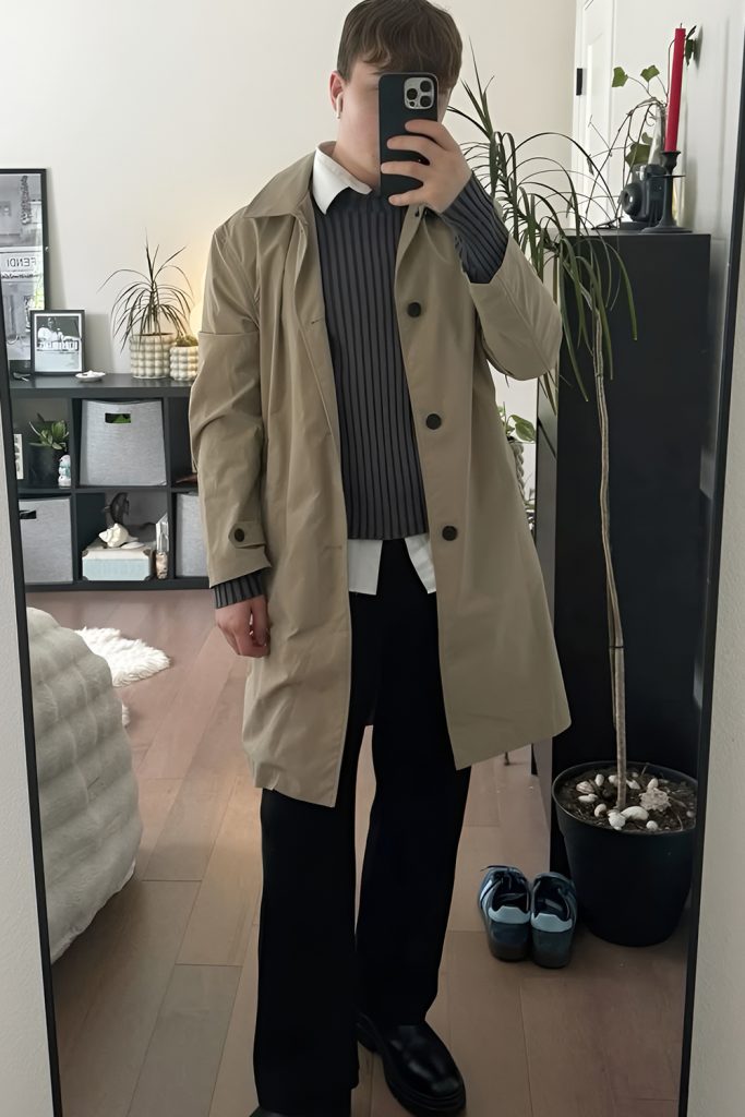 Trench Coat With Sweater and Tailored Trousers