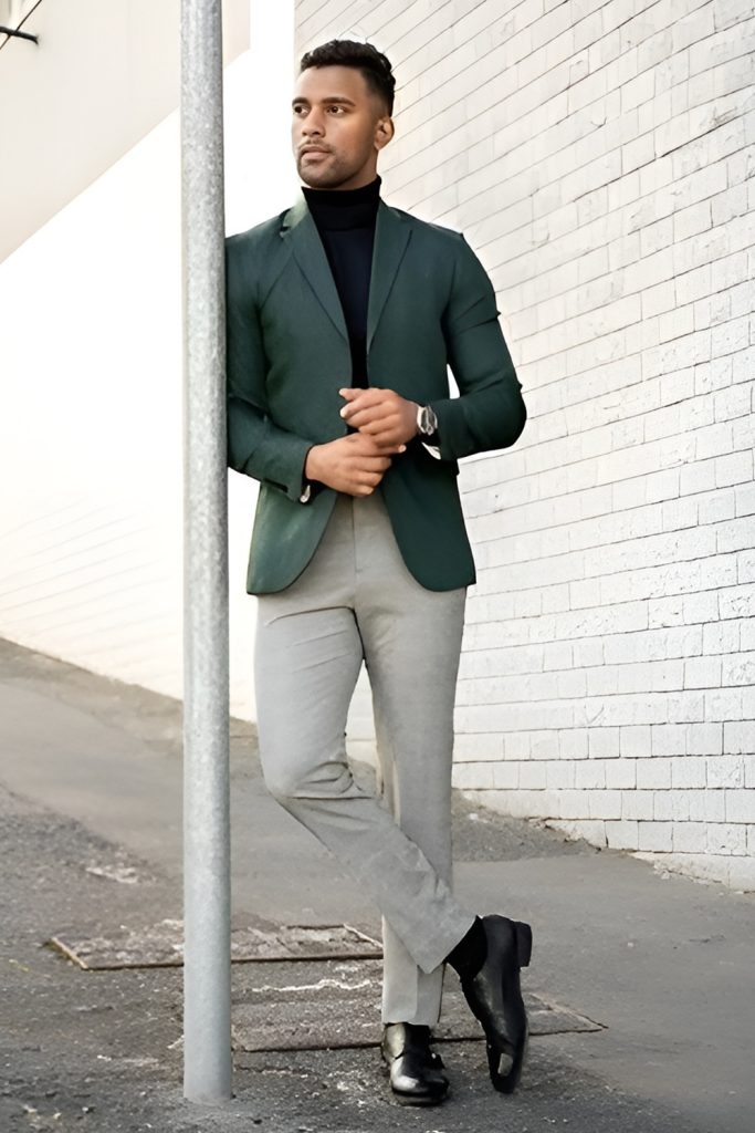 Turtleneck under a blazer with deep colored trousers
