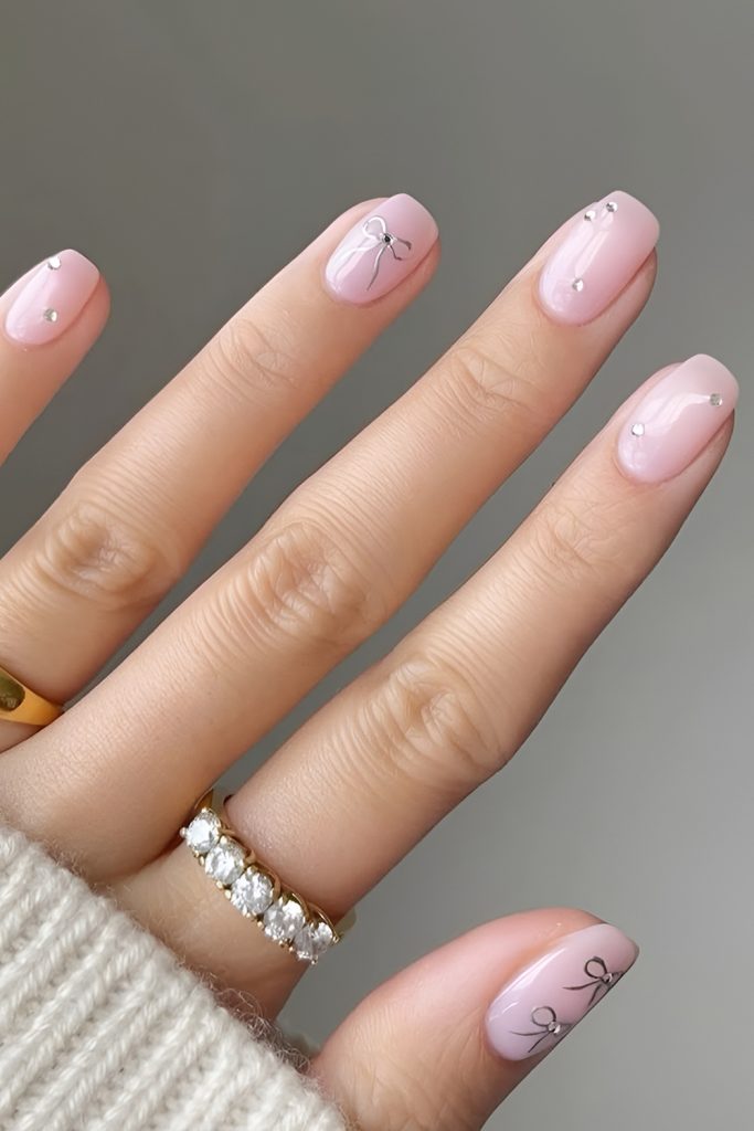 Valentine Nails with Tiny Bows for a Girly Finish