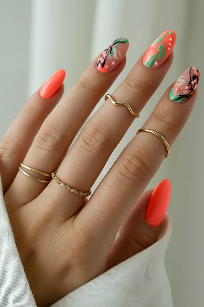 Vibrant Coral Nails with Modern Floral Line Art