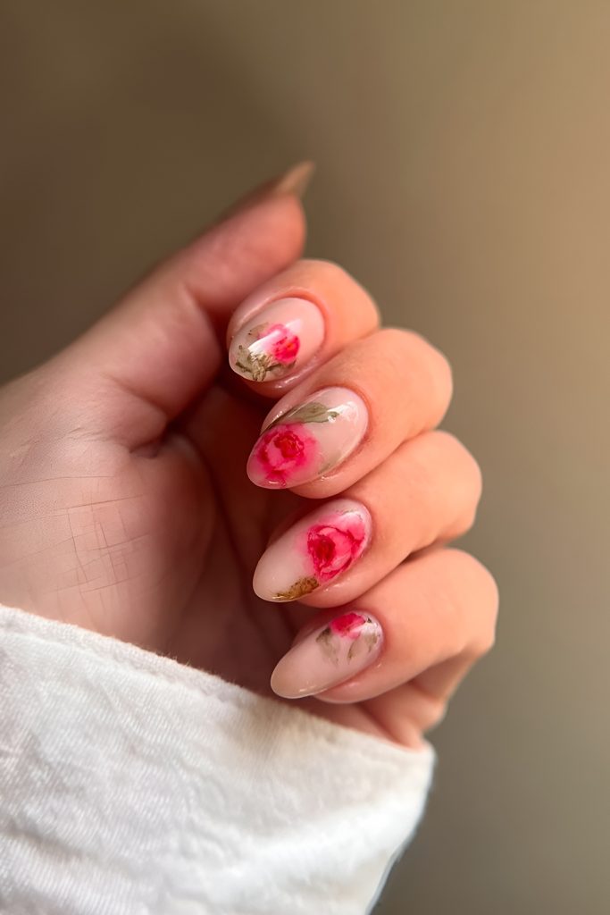 Water colour Floral Nails with a Creamy Base Water colour