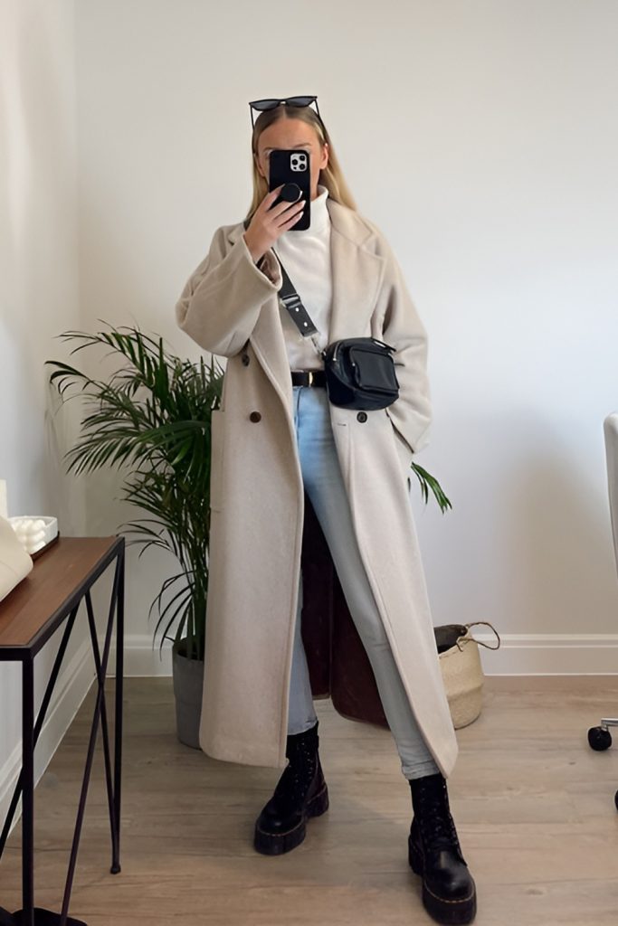 Wool High Collar Coat with Knitwear & Jeans